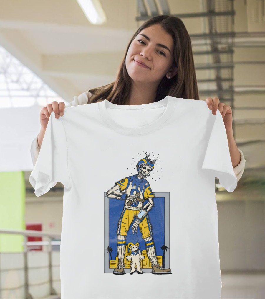 LA Skeleton Football Player Blue Gold Dog Helmet Cityscape T-Shirt