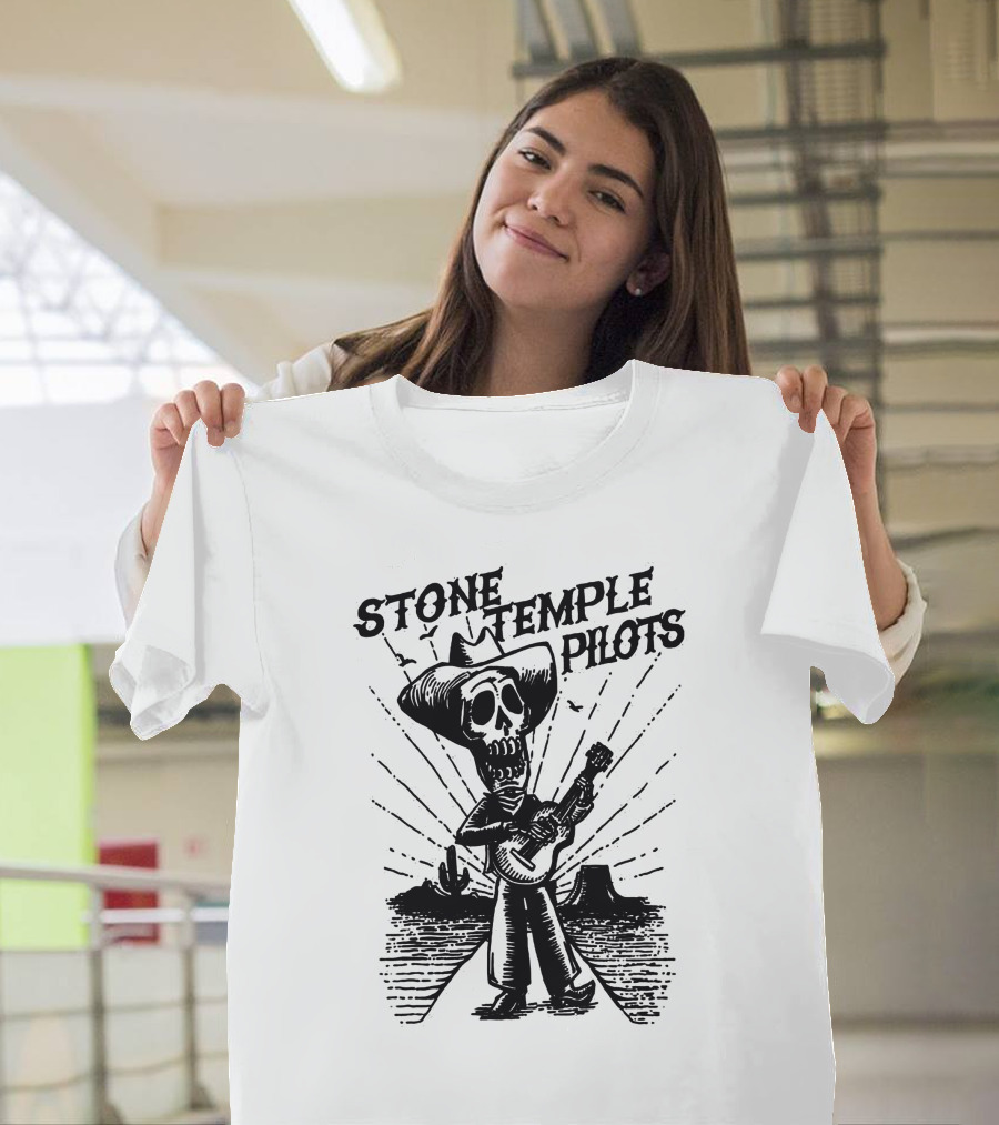 STONE TEMPLE PILOTS Skeleton Cowboy Playing Guitar Desert Scene T-Shirt