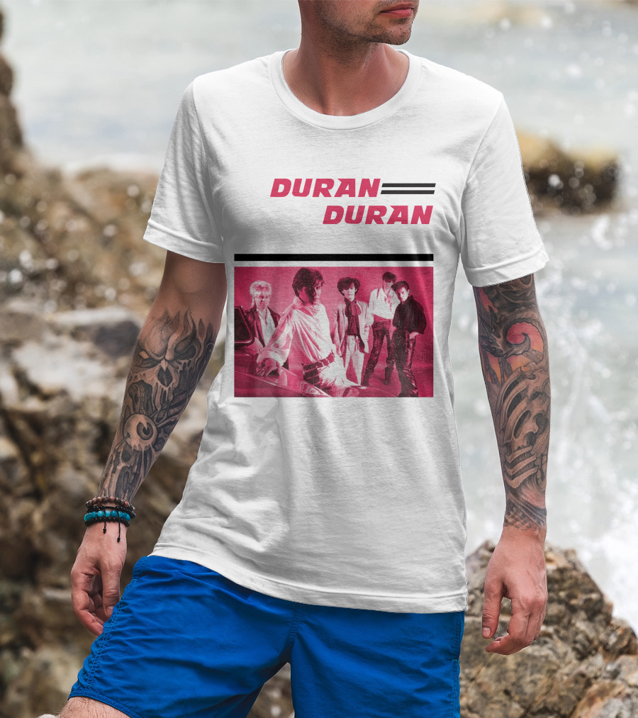 Duran Duran Band Photo With Stylized Logo And Pink Tone T-Shirt