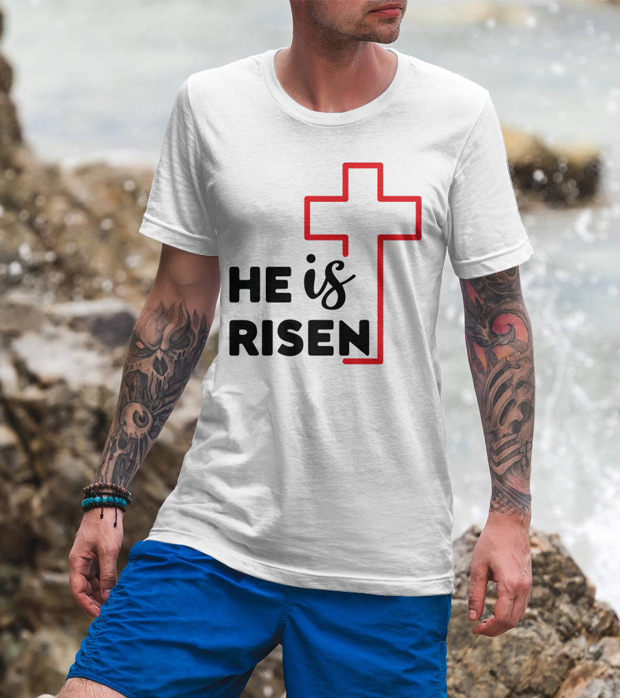 HE IS RISEN Cross Outline T-Shirt