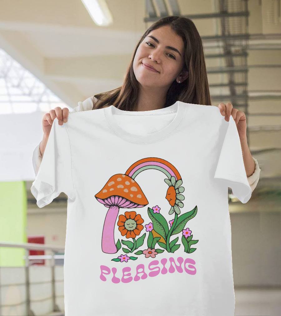 Pleasing Rainbow Mushroom and Floral T-Shirt