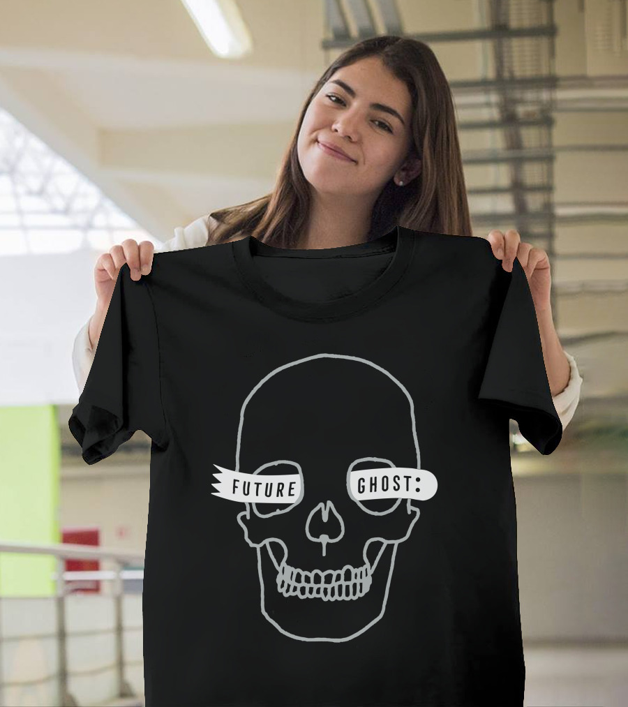 Future Ghost Skull Illustration with Banner Text T-Shirt