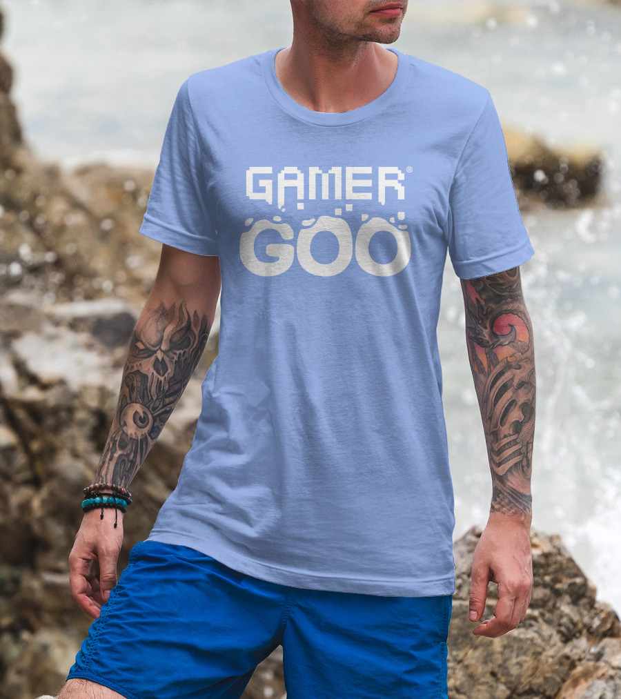 Gamer Goo Retro Pixel Font Blue Background T-Shirt