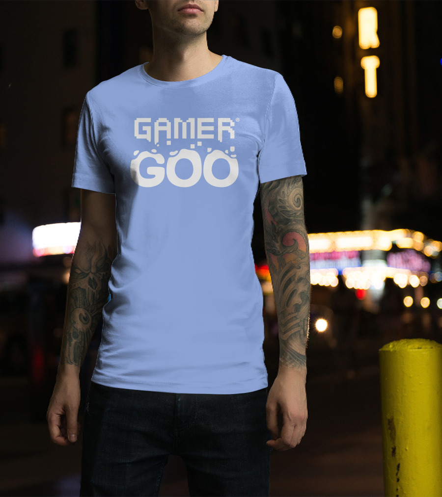 Gamer Goo Retro Pixel Font Blue Background T-Shirt