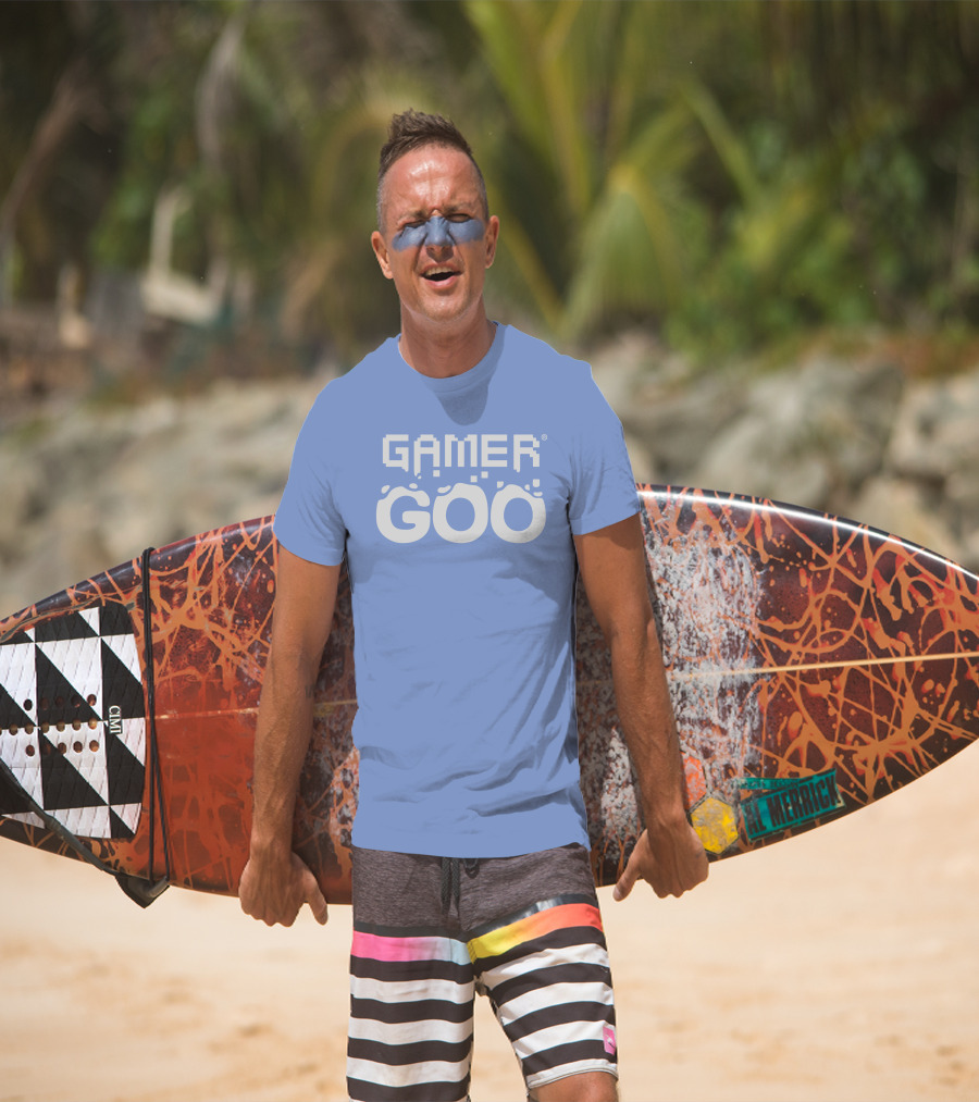 Gamer Goo Retro Pixel Font Blue Background T-Shirt
