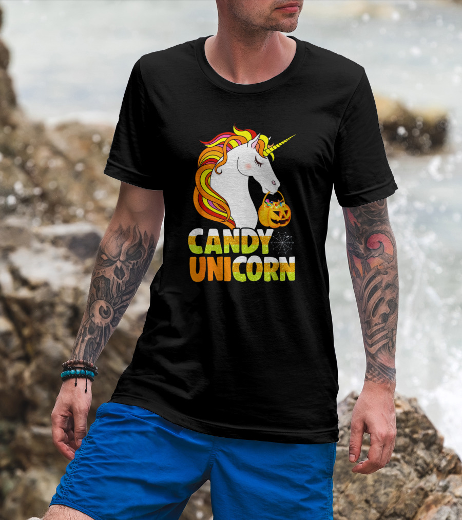 Candy Corn Unicorn Halloween Pumpkin Treats Girls T-Shirt