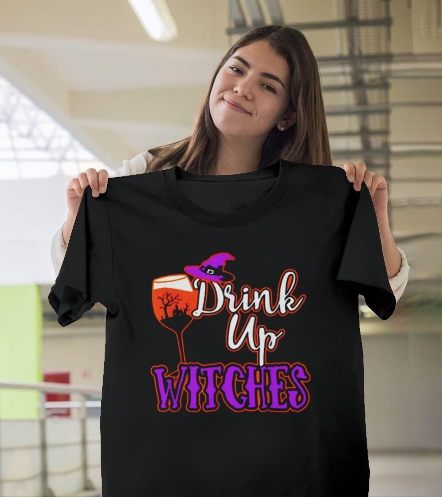 Drink Up Witches Halloween Wine Glass Witch Hat and Haunted Tree T-Shirt