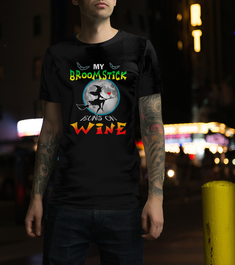 My Broomstick Runs On Wine Halloween Wine Lover Moon And Witch T-Shirt