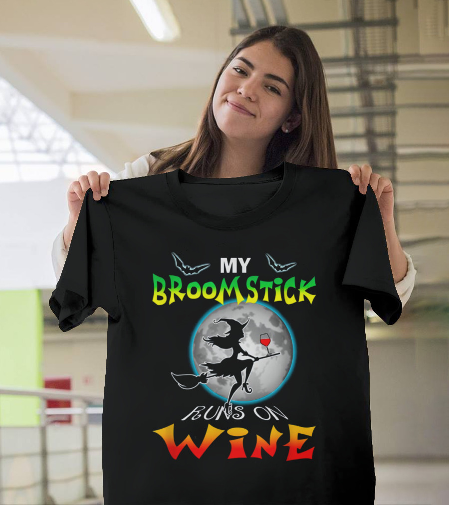 My Broomstick Runs On Wine Halloween Wine Lover Moon And Witch T-Shirt