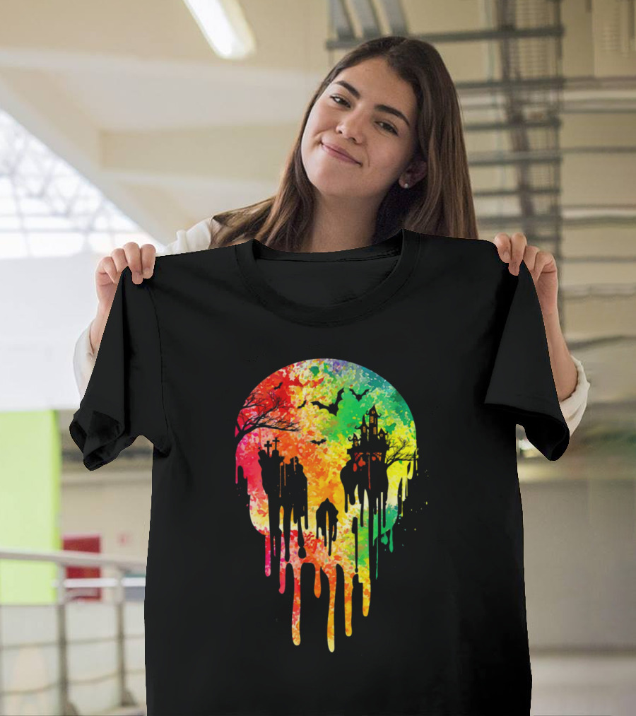 Melting Skull Colorful Night with Haunted Trees and Bats T-Shirt