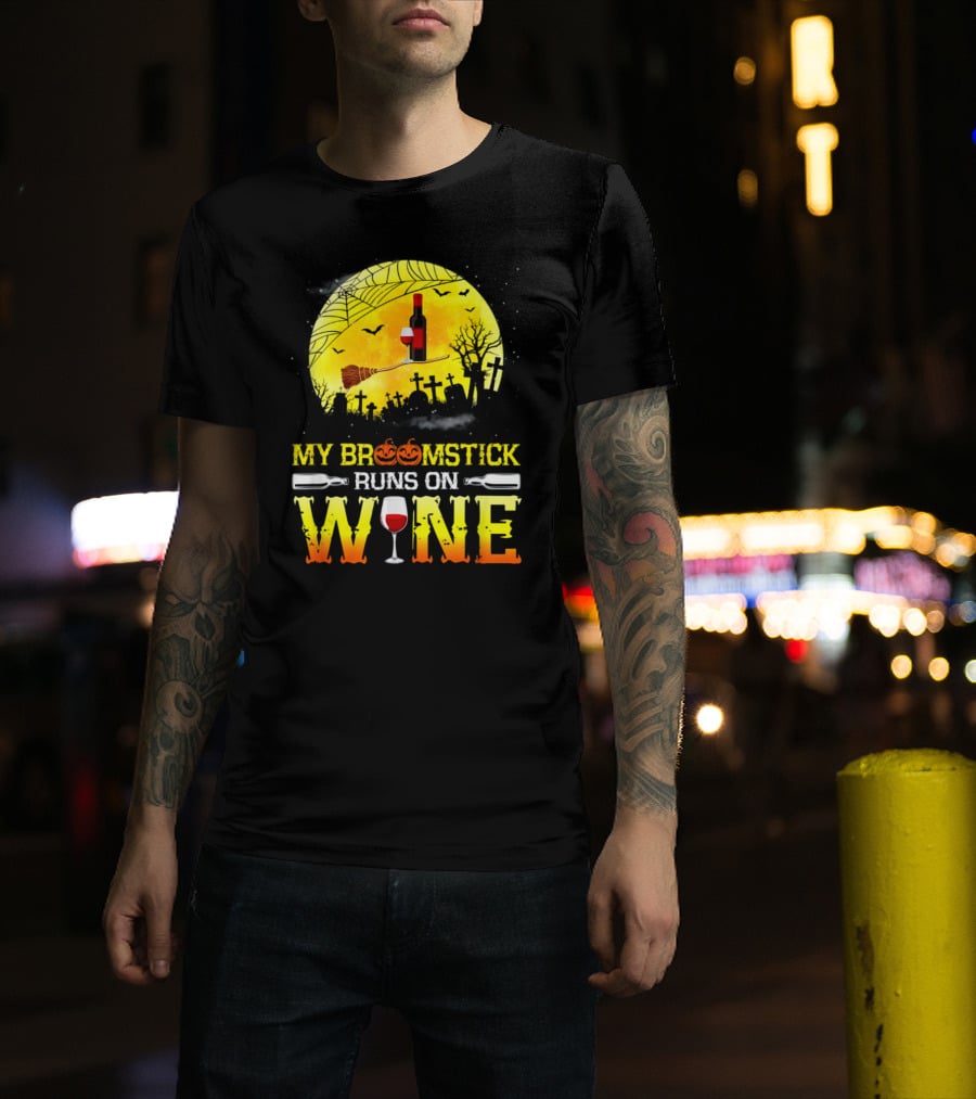 My Broomstick Runs On Wine Halloween Moon Pumpkins Graveyard Scene T-Shirt