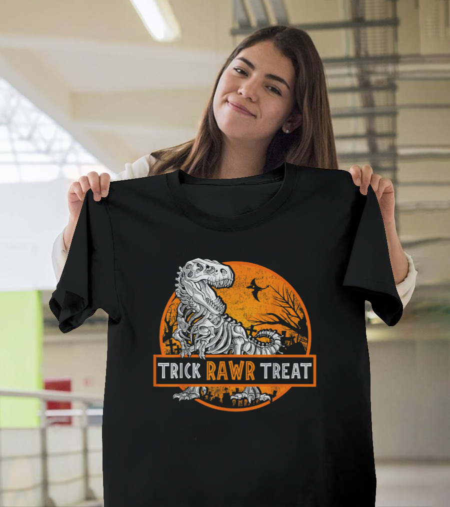 Trick Rawr Treat Halloween Skeleton T-Rex With Spooky Orange Background T-Shirt