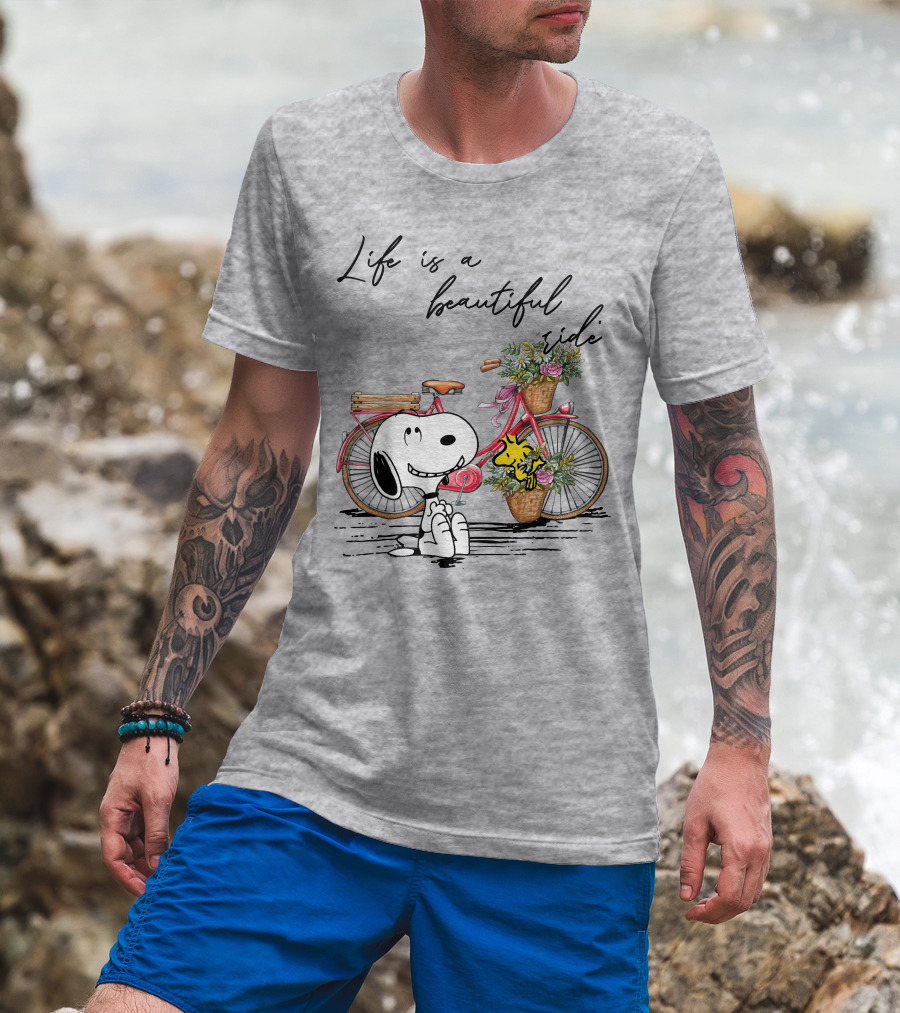 Life Is A Beautiful Ride With Snoopy And Woodstock On Floral Bicycle T-Shirt