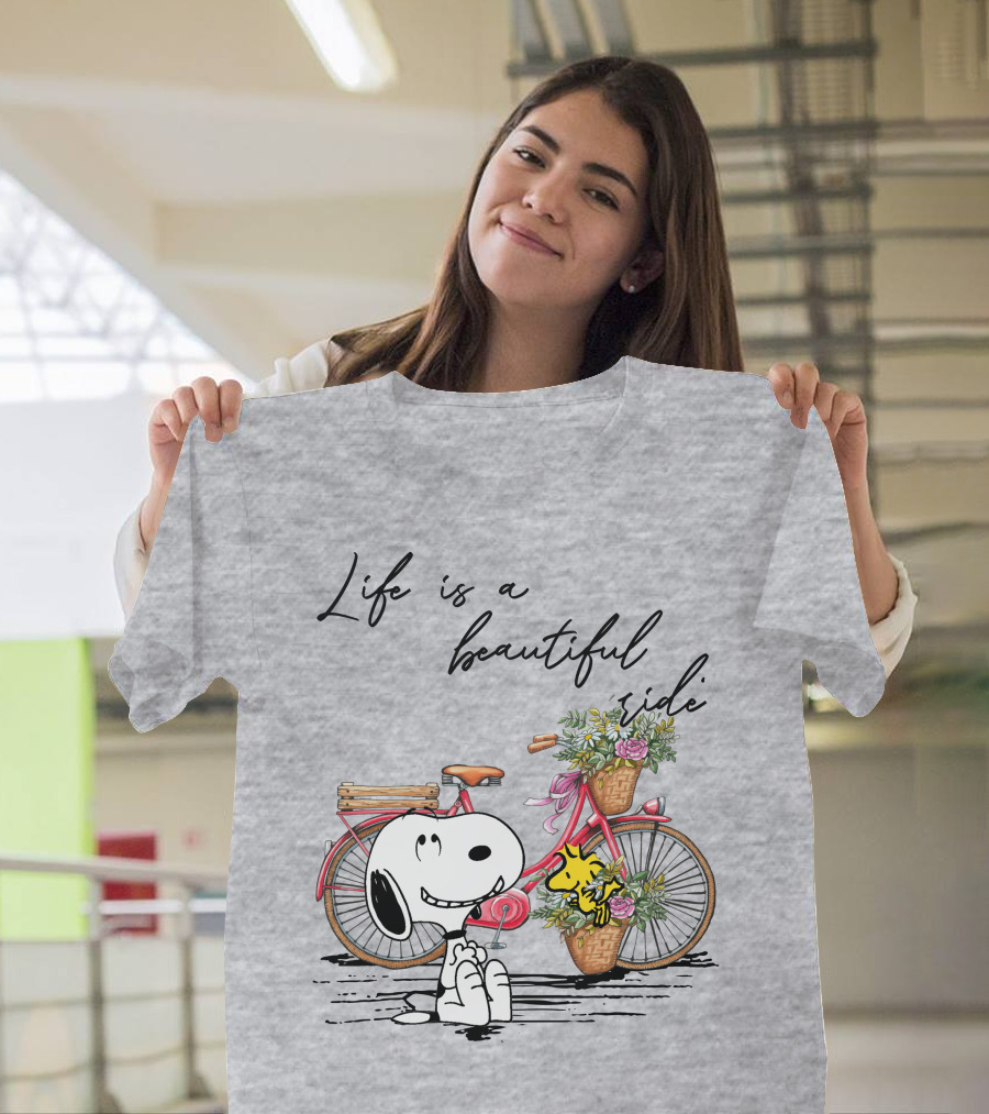 Life Is A Beautiful Ride With Snoopy And Woodstock On Floral Bicycle T-Shirt