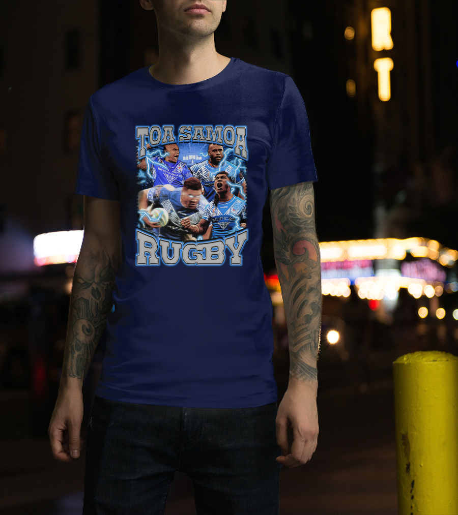 Toa Samoa Rugby Blue Jersey Action Lightning Background T-Shirt