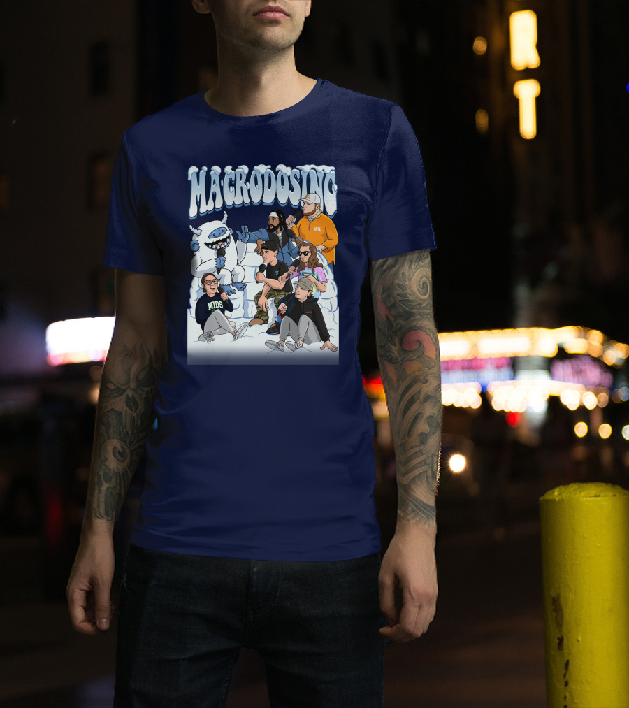 Macrodosing Yeti Podcast Group In Ice Fortress Scene With Microphones And Laughter T-Shirt