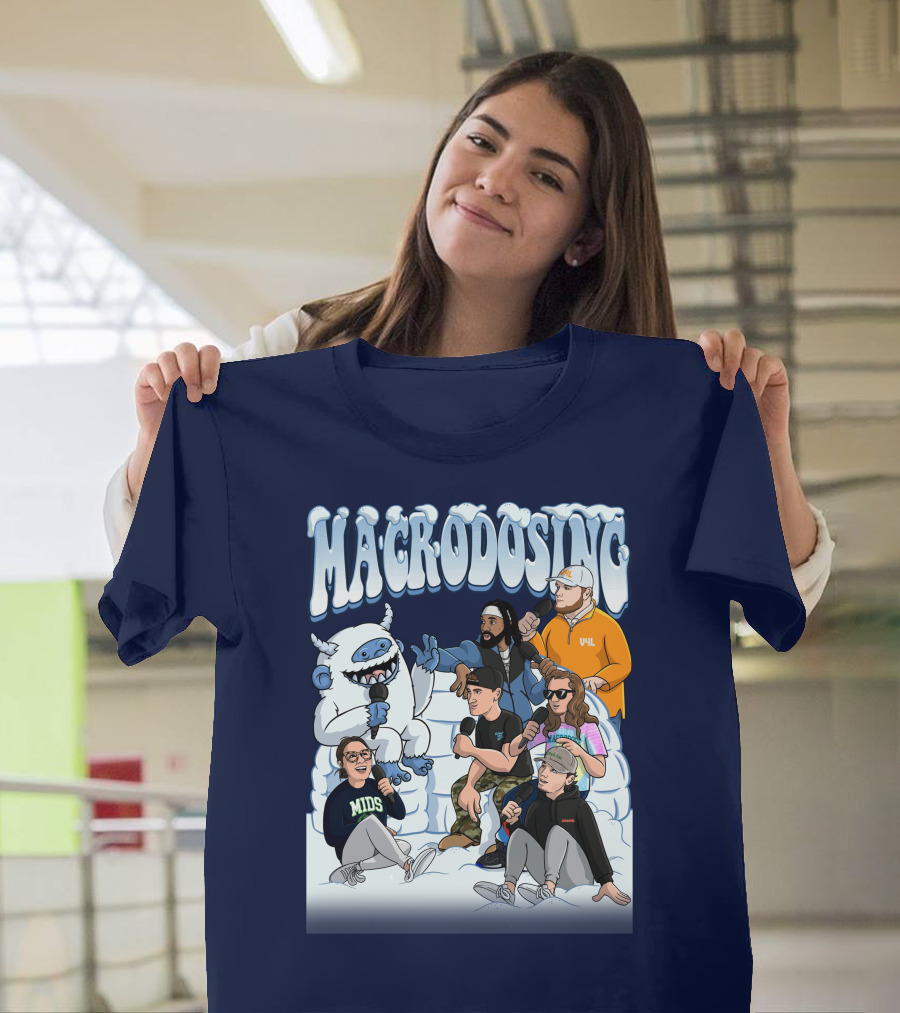 Macrodosing Yeti Podcast Group in Ice Fortress Scene with Microphones and Laughter T-Shirt