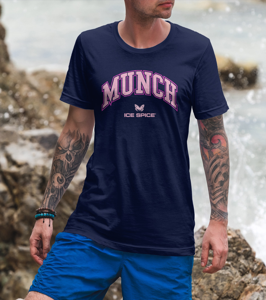 Munch Butterfly Ice Spice Pink Lettering Dark Blue Background T-Shirt