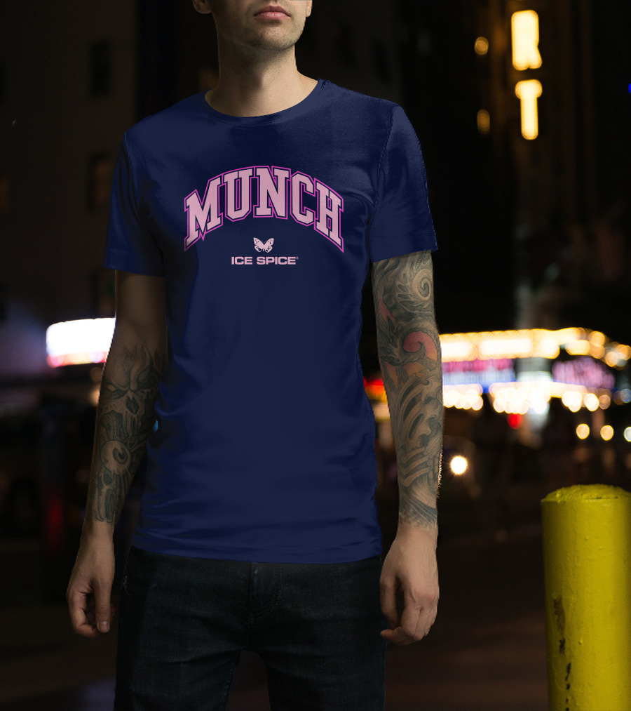 Munch Butterfly Ice Spice Pink Lettering Dark Blue Background T-Shirt