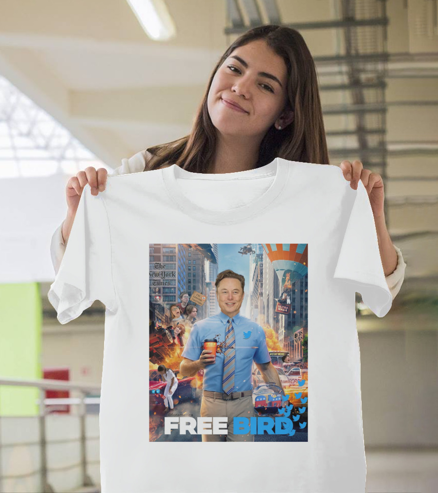 Elon Musk Free Bird I'm Leaving Twitter Chaos Explosion Cityscape Car Plane Twitter T-Shirt