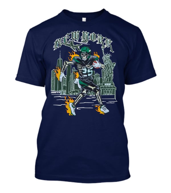 New York Ty Johnson Football Skyline Skeleton Art Flames Statue Of Liberty T-Shirt