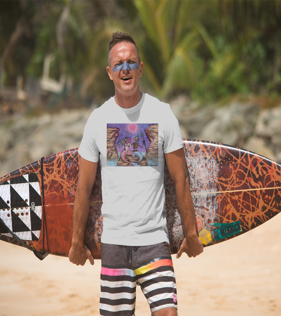 Marcos Alvarado Sea Of Love Mermaid And Skeleton Under Pink Moon T-Shirt