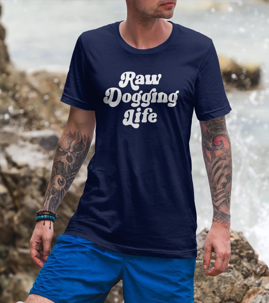 Raw Dogging Life White Retro Font Navy T-Shirt