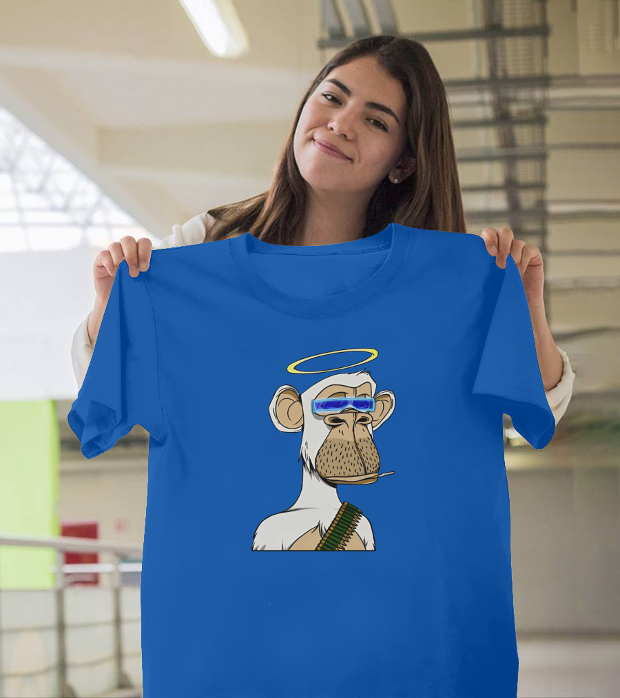 Ginotheghost Bored Ape Yacht Club Angel Halo NFT Ape Blue Background T-Shirt