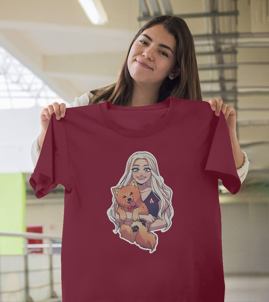 Autumnrhodess Cartoon Character Holding Dog with Red Bowtie on Burgundy Background T-Shirt
