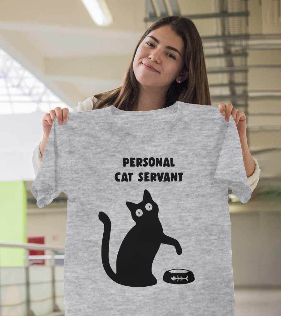Porridgebrain Personal Cat Servant Silhouette with Fish Bone Bowl T-Shirt