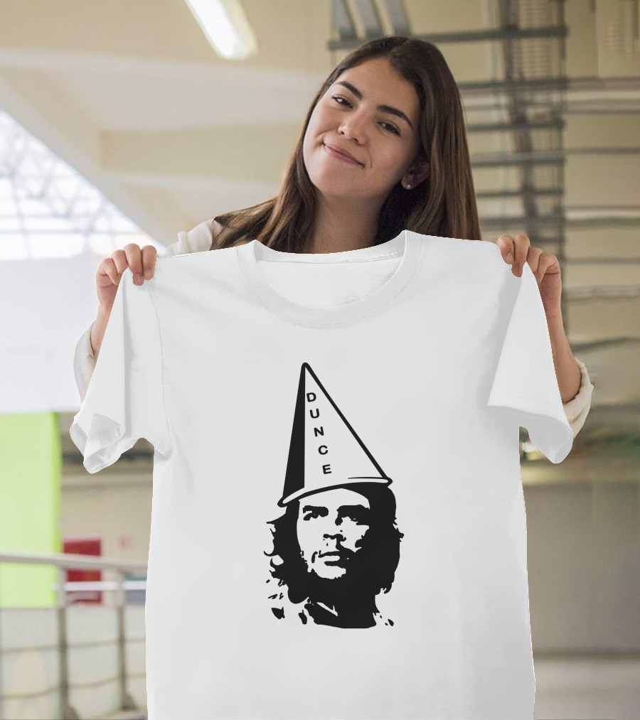 Dunce Guevara Satirical Design with Iconic Figure Wearing Dunce Cap T-Shirt