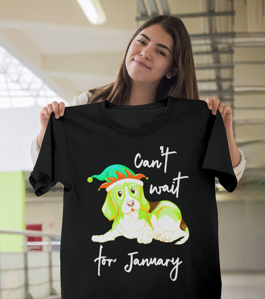 Can't Wait For January Festive Dog With Green And Red Hat T-Shirt