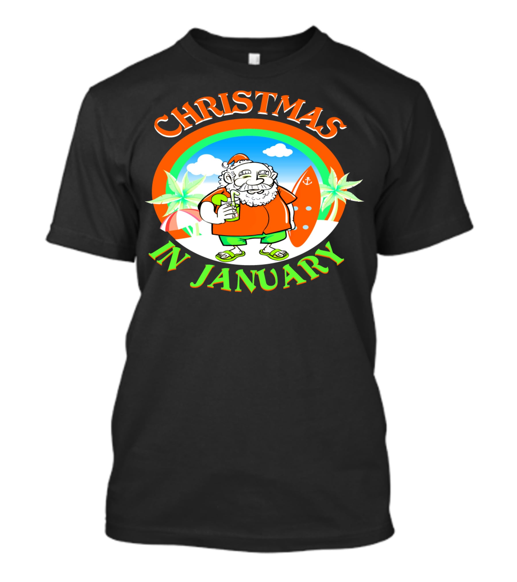 Christmas In January Santa With Surfboard And Drink T-Shirt