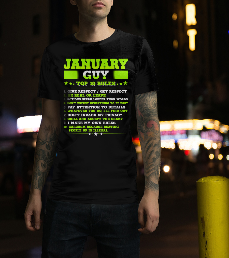 Cool January Guy Top 10 Rules Birthday T-Shirt