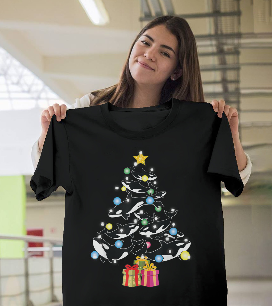 Christmas Orca Whales Tree With Gifts And Decorations T-Shirt