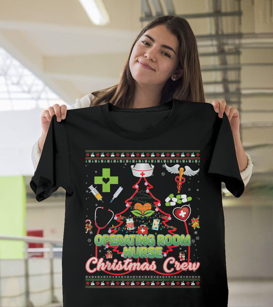 Operating Room Nurse Christmas Crew Tree Stethoscope Holiday Symbols T-Shirt
