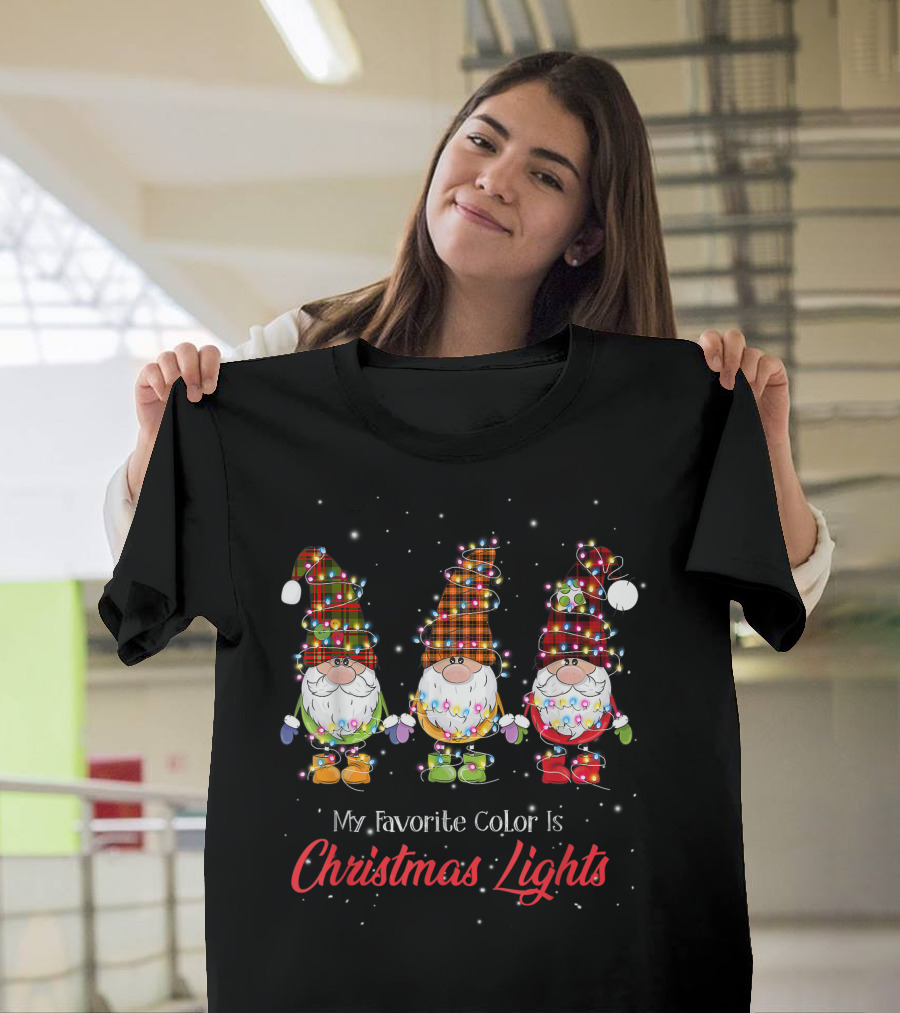 My Favorite Color Is Christmas Lights Gnomies Gnome Buffalo Plaid Trio T-Shirt