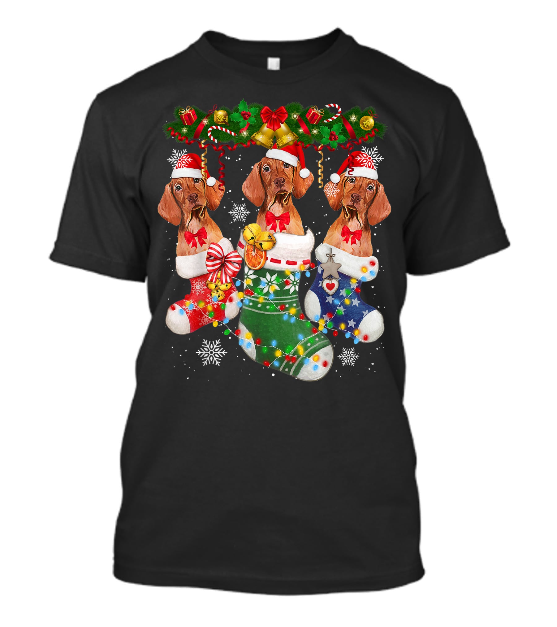 Vizsla Dogs In Christmas Stockings With Santa Hats And Holiday Decorations T-Shirt