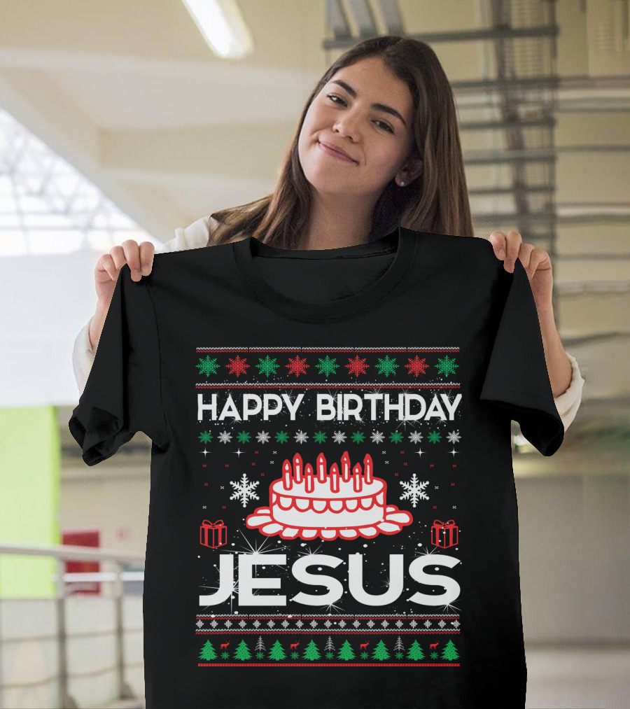 Happy Birthday Jesus Ugly Christmas Sweater Design With Cake And Snowflakes T-Shirt