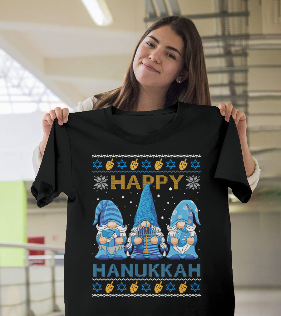 Happy Hanukkah Gnome Gnomies Menorah Dreidel Star Of David T-Shirt