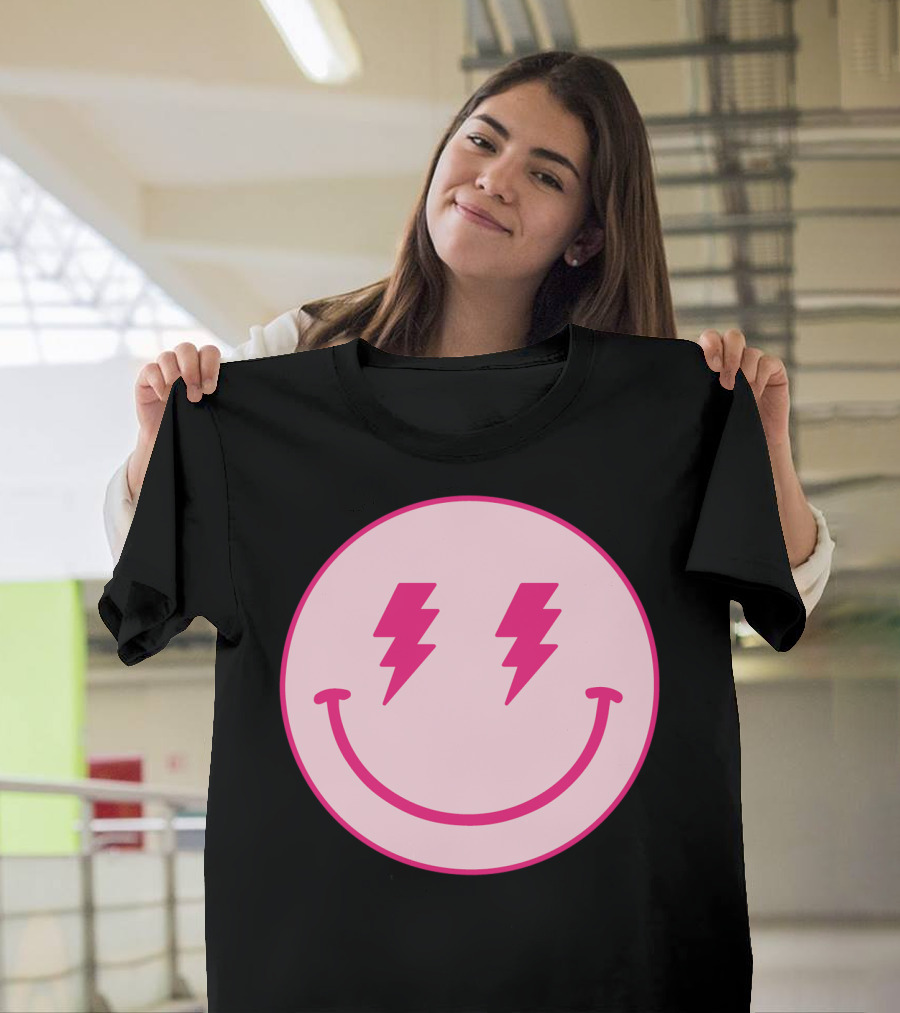 Lightning Bolt Smiley Face Pink Circle T-Shirt