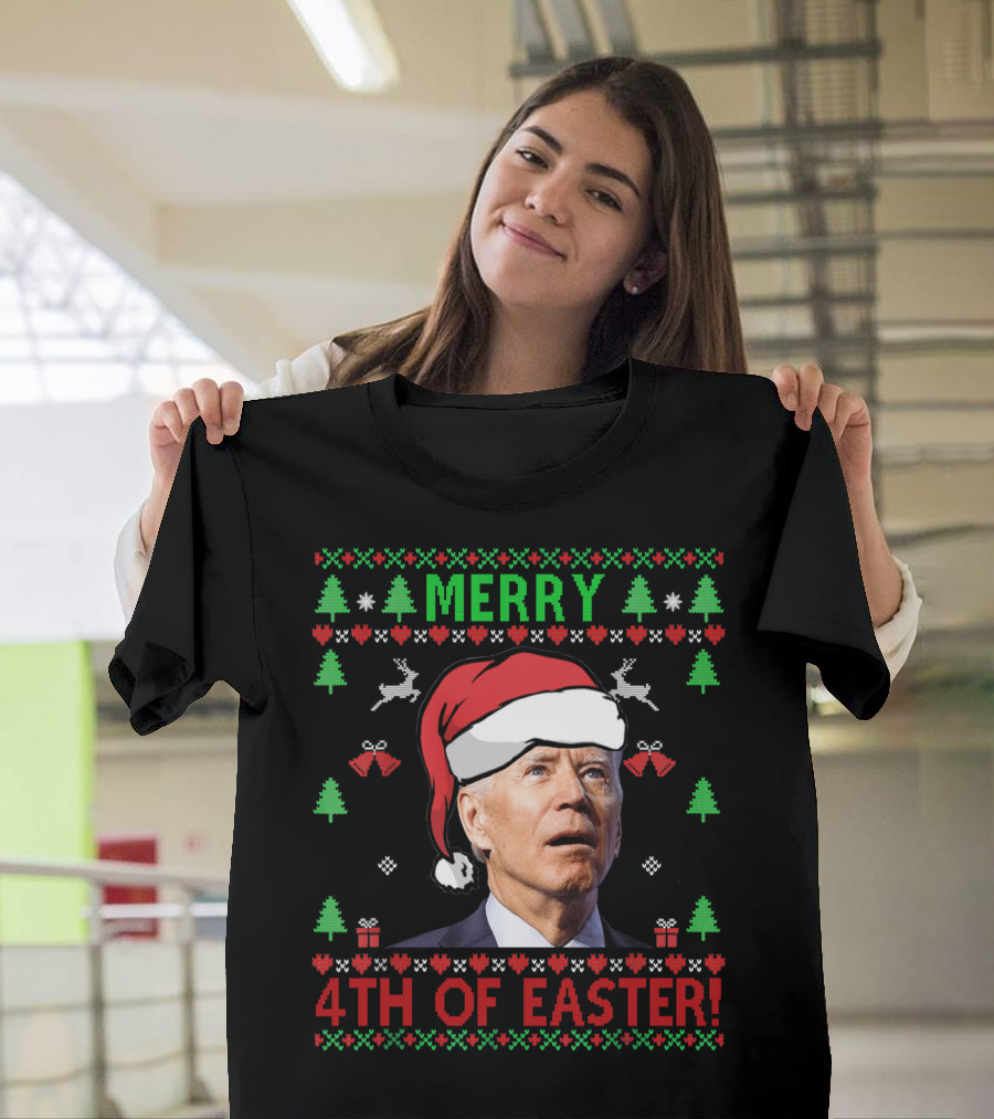 Joe Biden Merry 4th of Easter Santa Hat Ugly T-Shirt