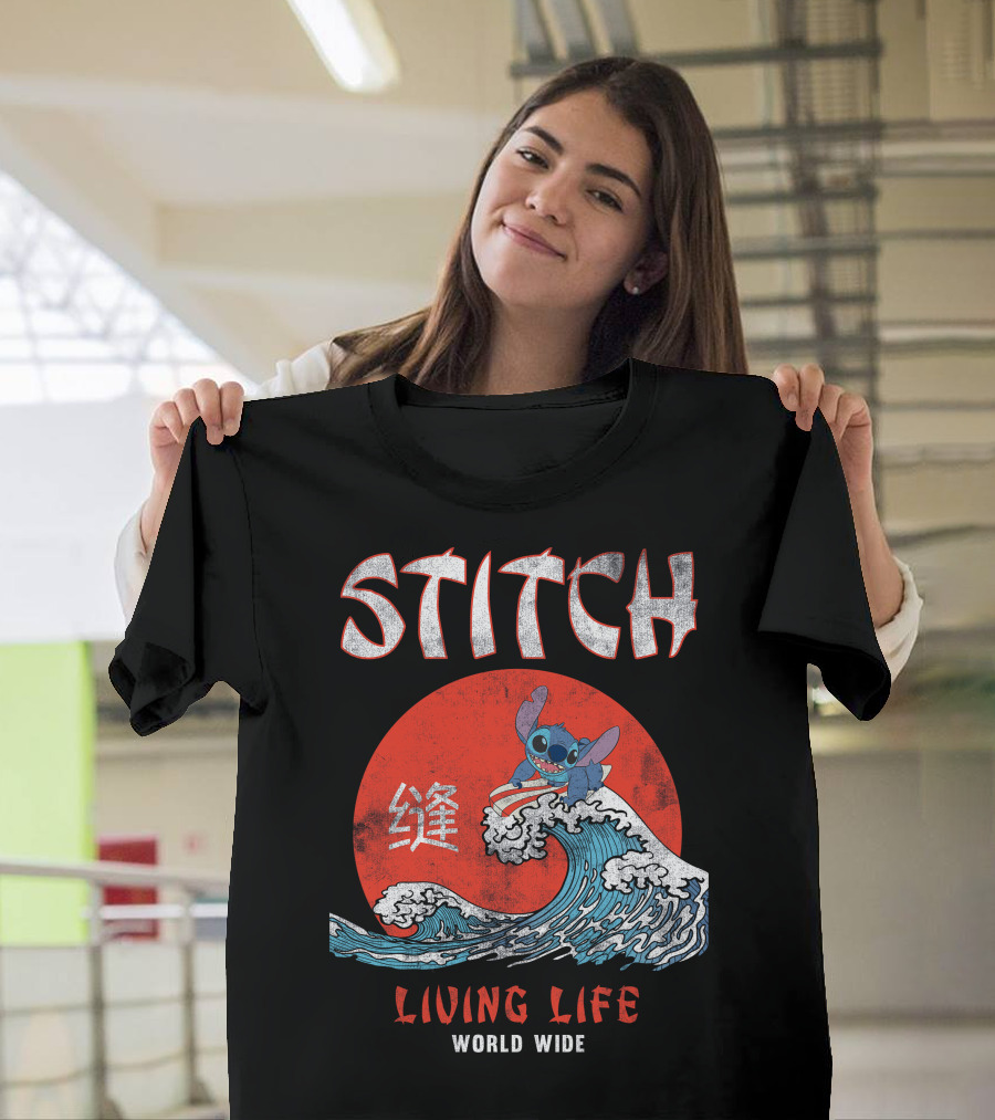 Stitch Living Life World Wide Wave Red Japanese Character T-Shirt