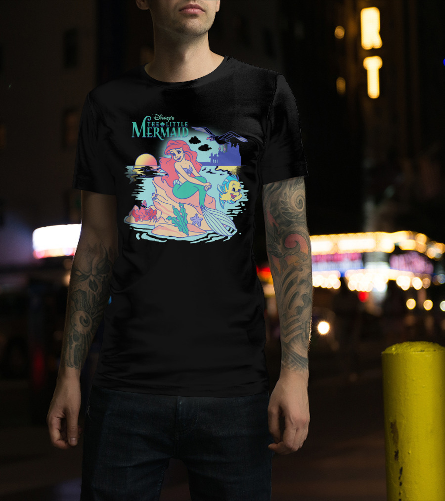 Disney's The Little Mermaid Ariel With Flounder And Sebastian By Castle At Sunset T-Shirt