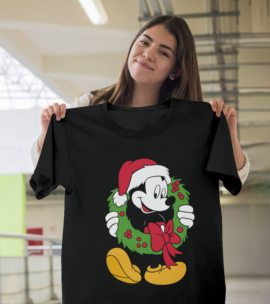 Disney Mickey Mouse Christmas Santa Hat Wreath Bow T-Shirt
