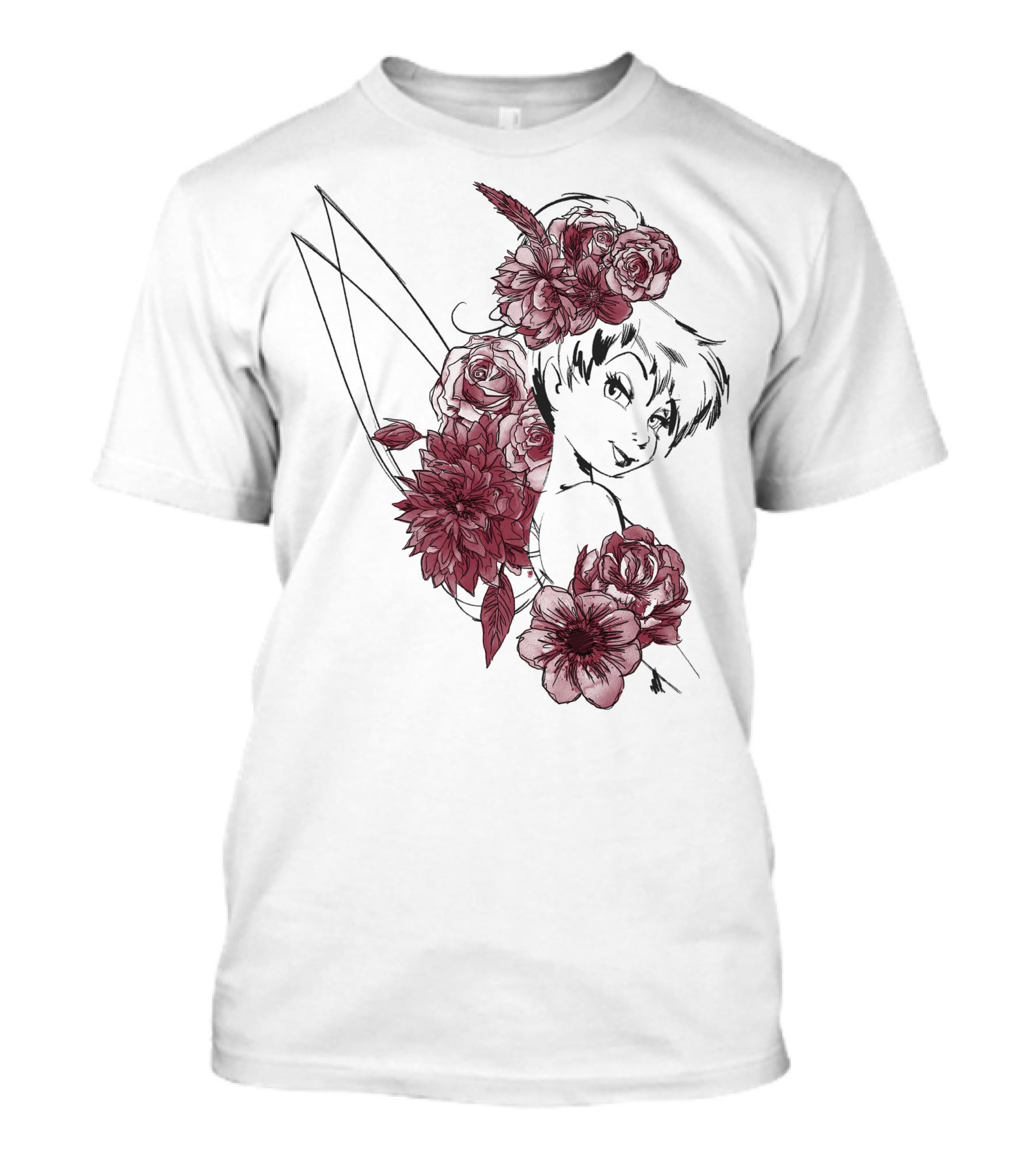 Disney Peter Pan Tinkerbell Red Floral Outline T-Shirt