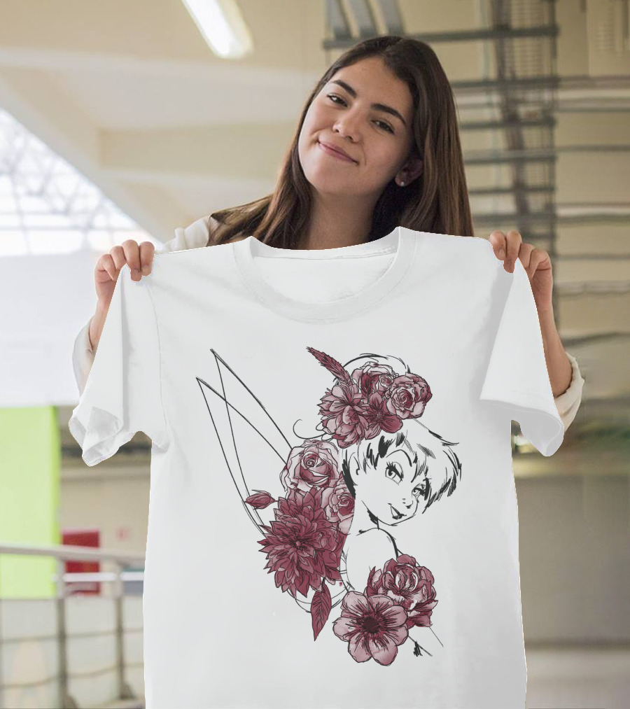 Disney Peter Pan Tinkerbell Red Floral Outline T-Shirt