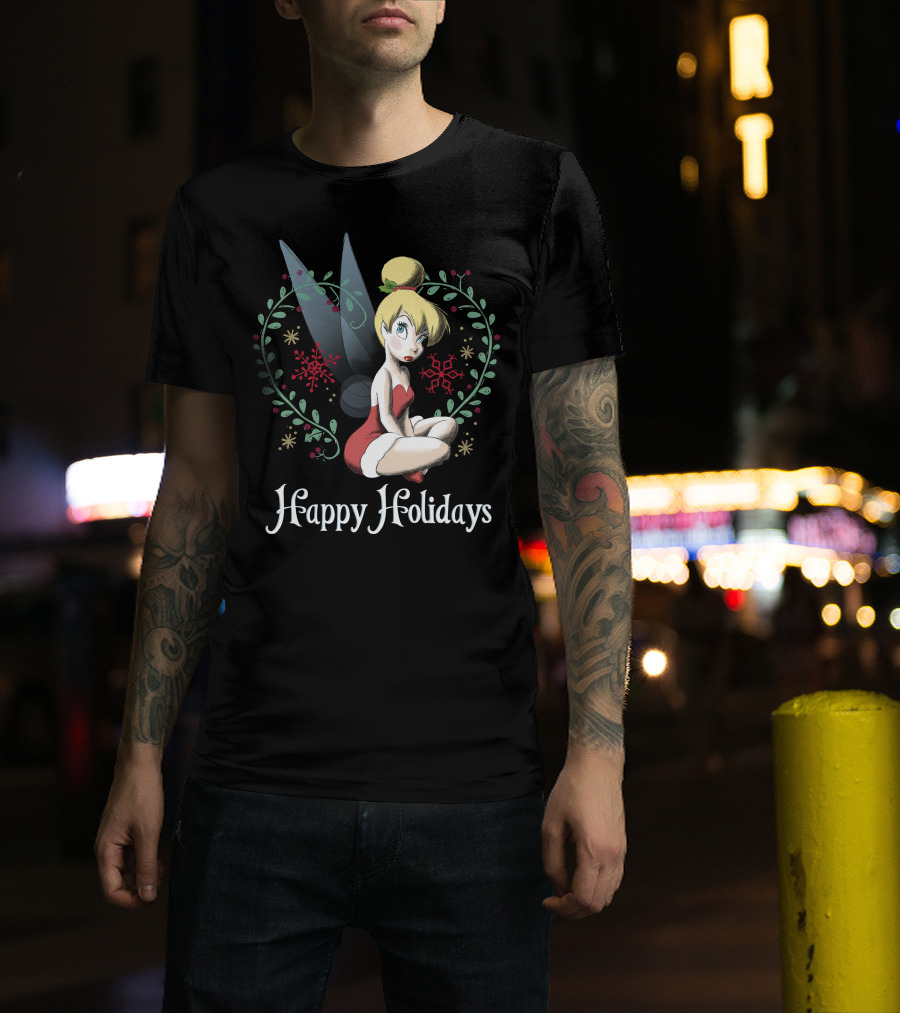 Disney Peter Pan Tinkerbell Happy Holidays Christmas Snowflakes T-Shirt