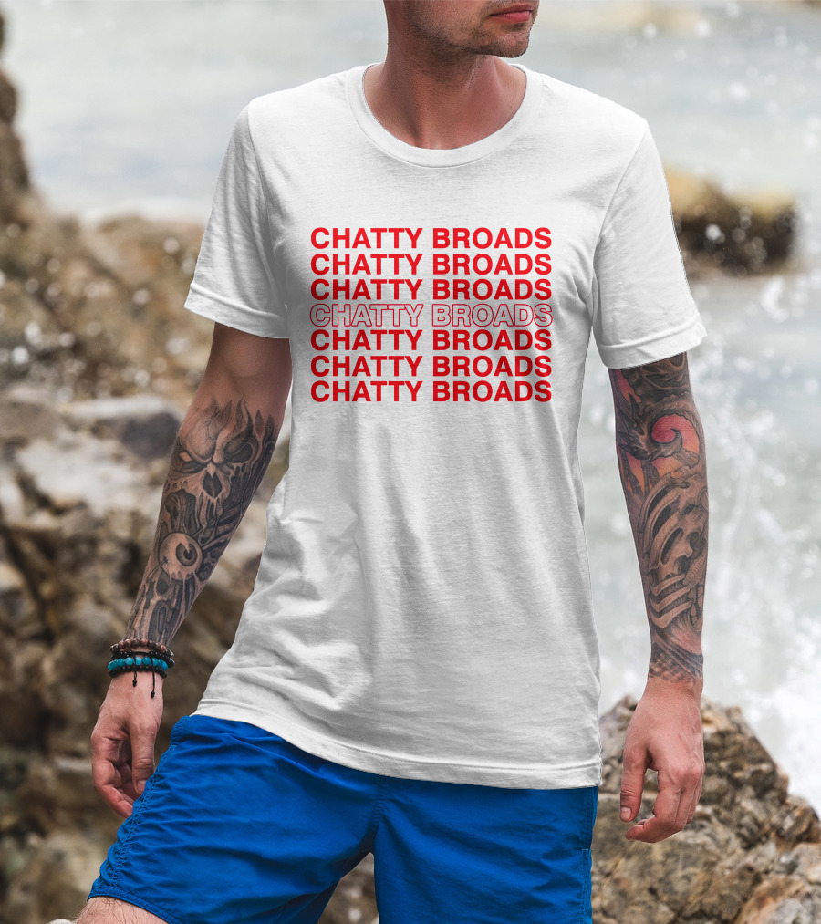 Chatty Broads Podcast Merch Red Repeating Text T-Shirt