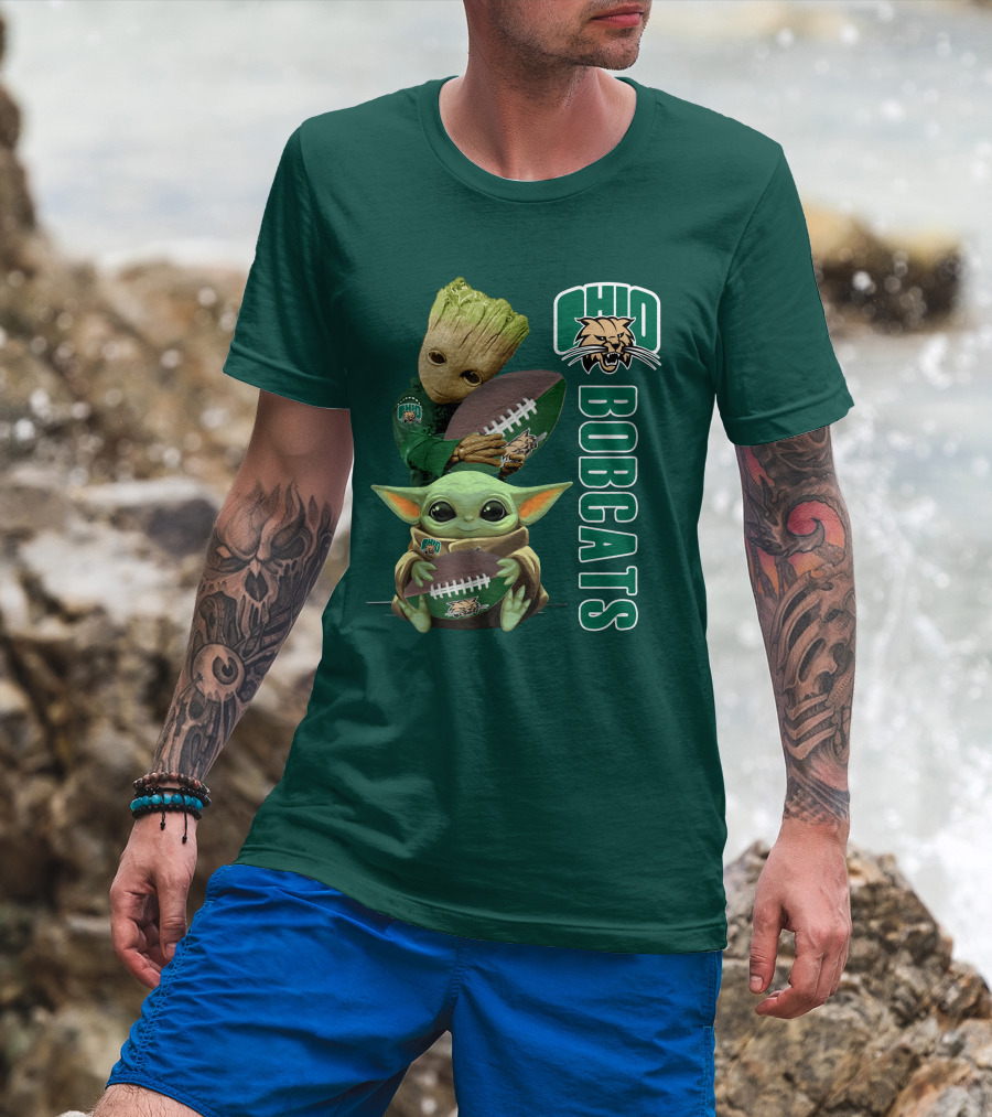Ohio Bobcats Grogu And Groot Football T-Shirt